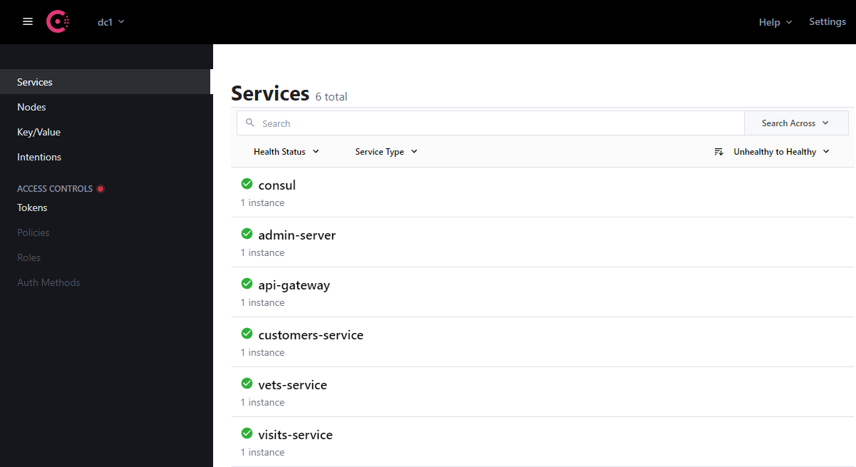 Consul dashboard with registered services